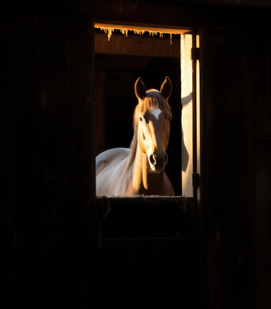 A horse curiously gazes from a cozy barn window, softly illuminated by the warm, gentle glow of the setting sunの素材