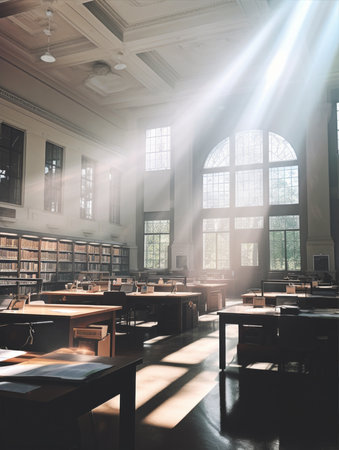 Interior of a library. Books on shelves and tables, repository of wisdom of generations.の素材