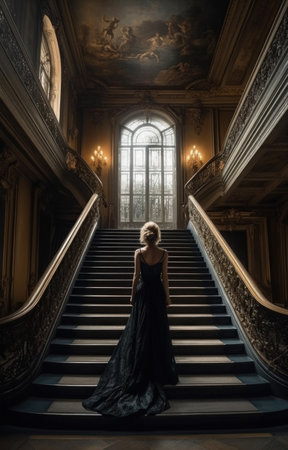 A Woman in a Beautiful Dress Descending a Staircase. Visiting a museumの素材