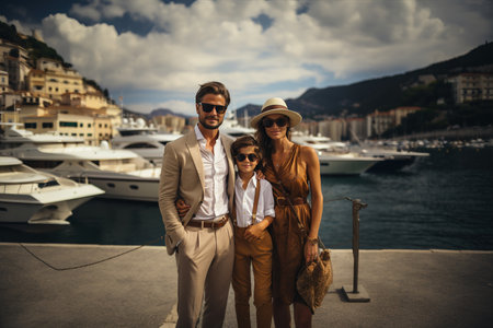 Elegant family with a stylish father, mother, and son posing together on a pier, enjoying their summer vacation with luxury yachts and a picturesque cityscape in the backgroundの素材