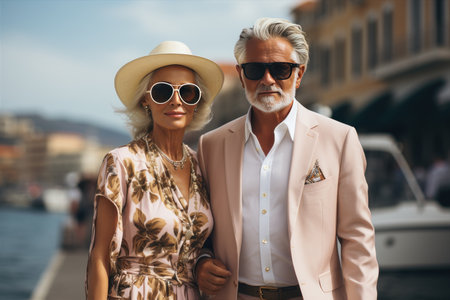 Senior couple standing in a coastal town with luxury yachts, embodying a carefree lifestyleの素材