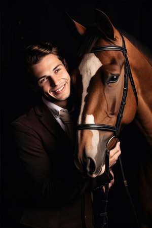 Portrait of a happy man next to his horse on a dark backgroundの素材