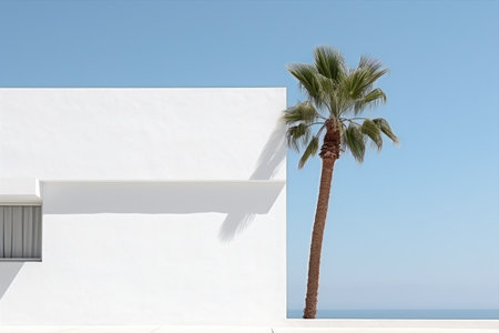 Minimalistic landscape with a white building and a palm tree against a solid blue skyの素材
