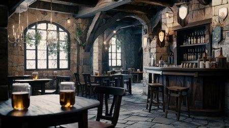 Inviting rustic tavern interior featuring stone walls, wooden beams, and a well stocked bar. Warm lighting and wooden tables create a welcoming atmosphere for patrons enjoying drinksの素材