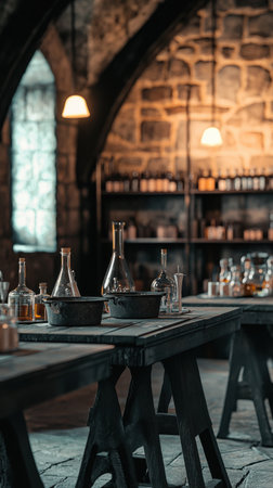 Medieval laboratory interior revealing wooden tables laden with glass vessels, stone walls, arched windows casting mysterious scholarly atmosphere of scientific explorationの素材