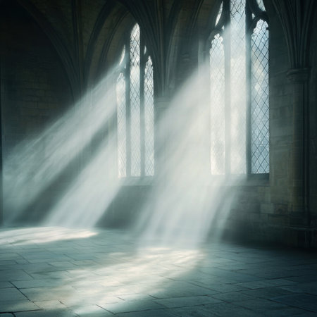 Sunbeams illuminate the interior of a gothic cathedral, casting ethereal light through tall, ornate windows. The stone floor and arches create a serene, spiritual atmosphereの素材