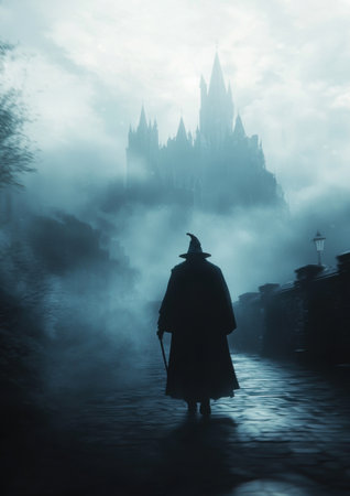 Silhouette of a wizard walking on a cobblestone road towards a castle surrounded by fog, creating a mysterious and magical atmosphereの素材