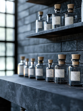Rows of vintage glass bottles with cork stoppers and blank labels sit on dark wooden shelves against a gray brick wall, evoking the atmosphere of an old fashioned apothecary or laboratoryの素材