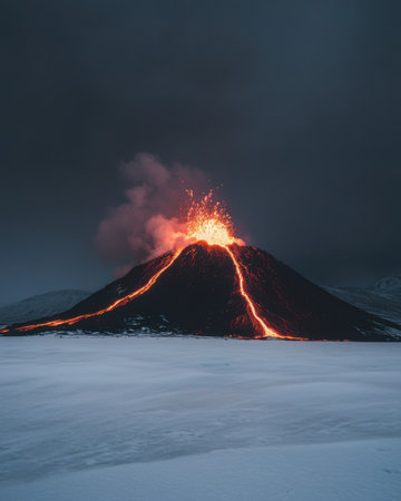 Volcano erupts, creating a breathtaking spectacle of flowing lava and ash against a twilight sky, illuminating the snowy landscapeの素材