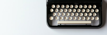 Close up view of a vintage typewriter keyboard resting on a clean white surface, evoking a sense of nostalgia for classic writing and storytellingの素材