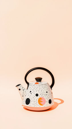 Stylish kettle featuring a black handle and a playful dotted pattern, resting on a minimalist light orange background, creating a modern and inviting atmosphere for teatimeの素材