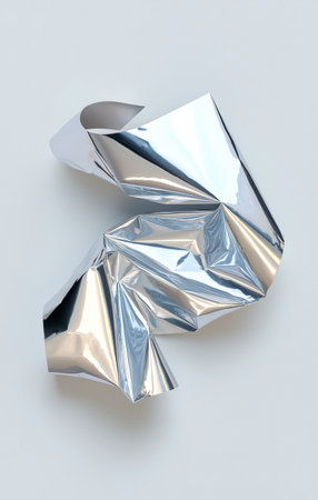 Crumpled metallic foil presenting an abstract silver surface, reflecting light and creating intricate textures, suitable for backgrounds, modern designs, or conceptual artの素材