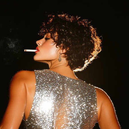 Woman with elegant short curly hair in a sparkling sequin dress, exhaling cigarette smoke in a glamorous pose, embodying a vintage sophisticated nightlife aestheticの素材