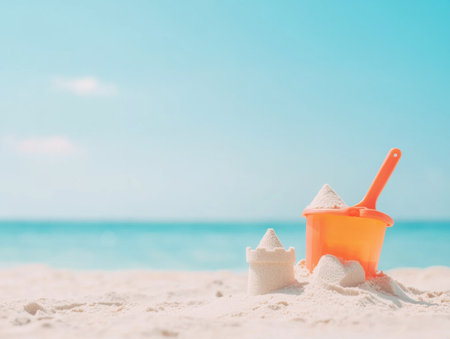 Orange plastic beach bucket and metallic shovel positioned near handmade sandcastle on pristine white sand, turquoise ocean waters and clear blue sky representing summer leisure momentの素材