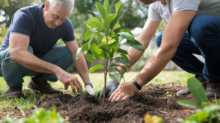 Two gardeners are planting a small tree in the ground, working together to ensure its roots are secure and surrounded by nutrient rich soil, promoting healthy growth and a greener environmentの素材