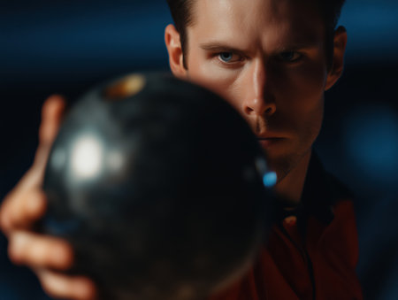 Man concentrating on a bowling game, holding a bowling ball with intense focus and aiming for a strike, demonstrating precision, skill, and strategic thinking in competitive sportの素材