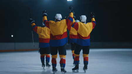 Ice hockey team players standing on the ice rink, raising their arms in triumph and cheering, celebrating a successful win and achievement after a challenging sports matchの素材