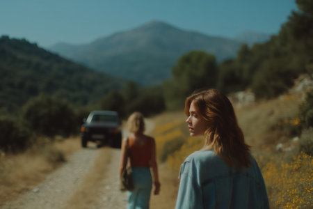 Young woman looking back with a reflective expression, a friend walking ahead towards a car driving on a dusty rural road surrounded by mountains and wildflowers under a clear skyの素材