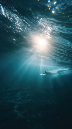 Surfer paddling a surfboard underwater, making a wave trail as sunbeams penetrate the deep blue ocean, creating a serene and adventurous scene of natural beauty and aquatic sportsの素材