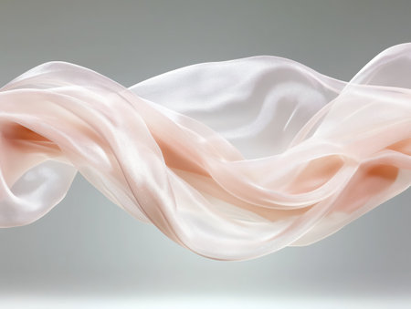 Translucent fabric flowing gracefully, forming soft, organic waves and abstract shapes with a delicate texture, capturing elegance, softness, and serenity on a neutral backgroundの素材