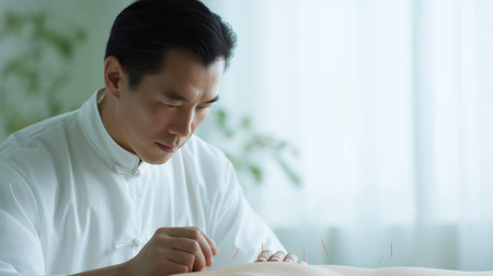 Acupuncturist carefully inserting needles into a patient's back during a traditional Chinese medicine therapy session, promoting holistic healing, pain management, and relaxation for well beingの素材