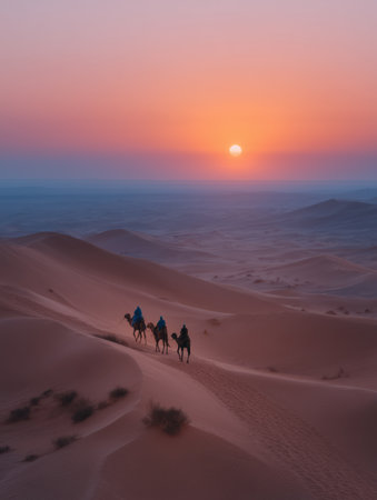 Desert dwellers on camels trekking through vast sand dunes at sunset, creating a serene silhouette against the vibrant orange and pink sky during a long journeyの素材