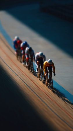 Cyclists speeding in a row on the banked velodrome track, captured with a tilt shift effect creating a miniature scale, emphasizing competition, performance, and the thrill of track cyclingの素材