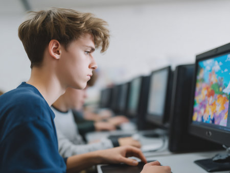 Focused teenage student sitting at a specialized computer station and utilizing digital resources for education, showing dedication to e learning and modern skill development in a school environmentの素材