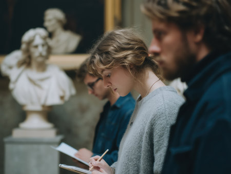 Young art students intently sketch classical busts in a museum gallery, practicing observation and technique as part of an art historically inspired drawing class and workshopの素材