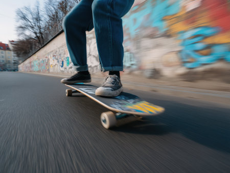 Person skateboarding through a city street with graffiti covered walls, feet dressed in casual sneakers and jeans, conveying speed, movement, and a sense of carefree urban adventureの素材