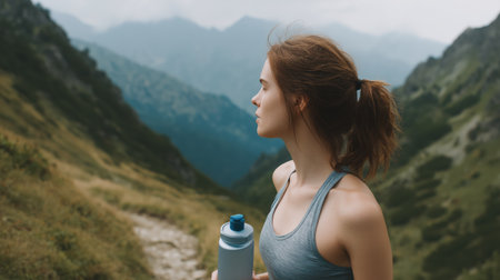 Woman standing in profile, holding a water bottle and looking out at the panoramic mountain valley, embracing a moment of peace and contemplation during her active summer hiking tripの素材