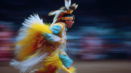 Native american male dancer moving with energy during a traditional powwow, showcasing cultural pride and dynamic motion while wearing colorful detailed costume and feather headdressの素材