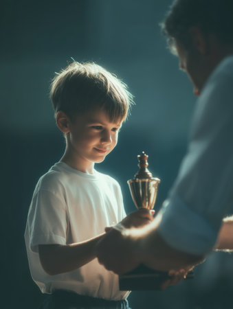 Young boy receiving a golden trophy from an adult, symbolizing the proud moment of achievement, celebrating victory and the recognition of his success in a childhood competitionの素材