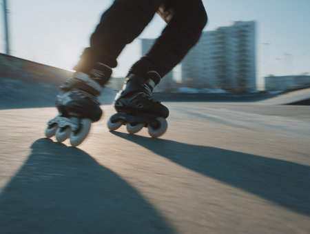 Rollerblader's legs propelling forward on inline skates, generating motion blur from active movement on the concrete surface during an outdoor exercise in urban settingの素材