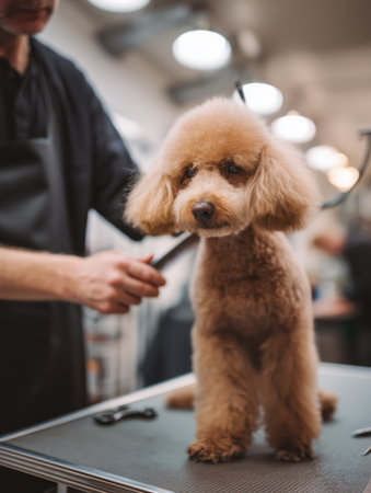 Professional groomer carefully combining and shaping the coat of a cute miniature poodle on a grooming table, providing specialized pet care and hygiene services in a clean animal salon environmentの素材