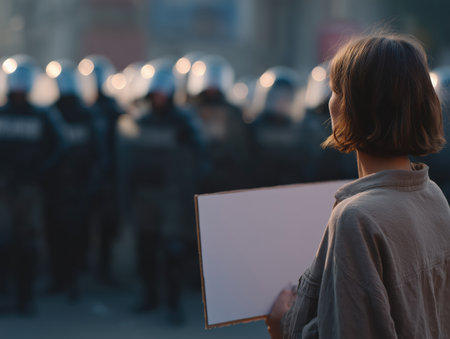 Woman standing with a blank protest sign, confronting a line of riot control police officers, representing civil disobedience, activism, and the fight for freedomの素材