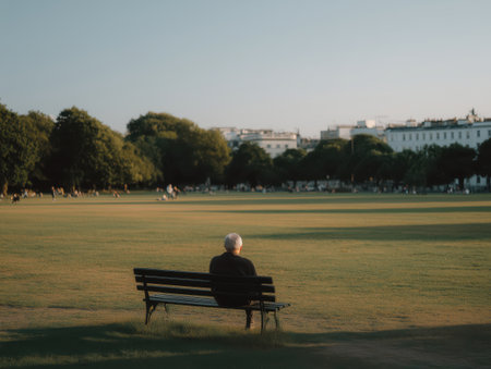 Elderly man sitting on a park bench, observing people in the background enjoying leisure and relaxation on a large grassy lawn during golden hour in an urban parkの素材