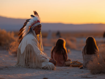 Native american elder in full regalia seated on dry desert at sunset, sharing stories and cultural wisdom with two children, bridging generations in warm golden lightの素材