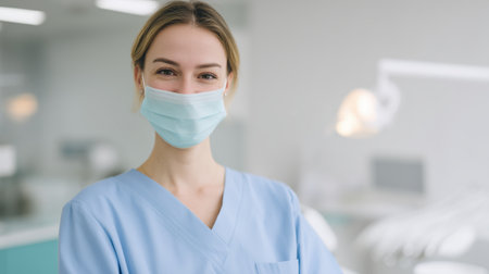 Friendly female medical professional smiling above a protective surgical mask, standing in a clean dental office, ready to provide healthcare services and supportの素材
