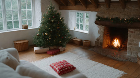 Rustic living room showcasing a decorated Christmas tree with gifts, a roaring stone fireplace, and a cozy white rug, creating a warm and inviting holiday ambianceの素材