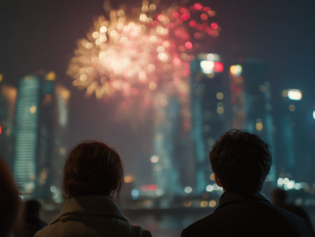 Couple immersing in a festive night, watching vibrant fireworks explode over a metropolitan city skyline, celebrating a special occasion with romantic feelings and bokeh lights reflecting on waterの素材