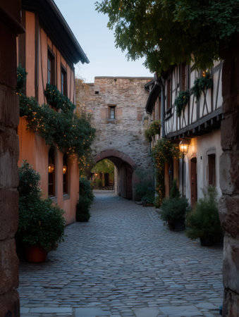 Discovering a charming medieval street in a historic old town, walking along weathered cobblestones and passing half timbered buildings adorned with warm string lights at duskの素材