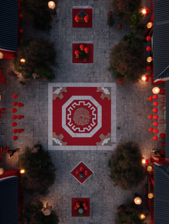 Chinese courtyard from above at night, featuring a large lion design rug at its center, surrounded by symmetrical glowing red lanterns and traditional tiled roofs in festive styleの素材