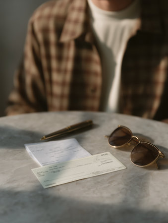 Man in background viewing a blank check and pen with stylish sunglasses resting on a patterned marble table, representing personal finance, transaction, or financial planningの素材