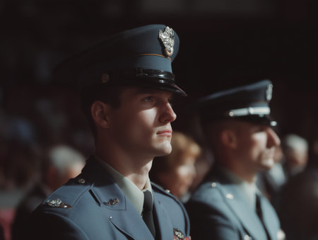 Young man in military uniform standing with a serious expression and commitment during a formal event, representing armed forces, public service, and patriotismの素材