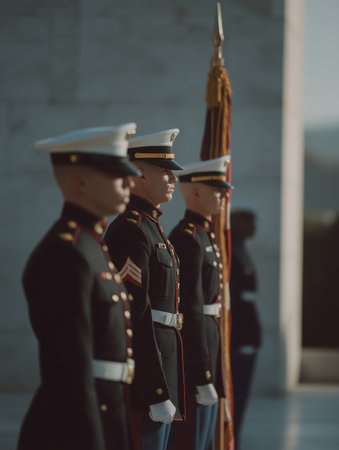 United states marine corps honor guard members stand in a precise line, presenting a display of unwavering discipline and solemn respect during a formal military ceremonyの素材
