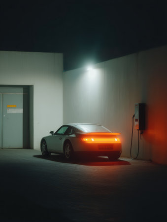 Sports car plugged into an electric vehicle charging station at night, parked in a minimalist setting under ambient lighting, representing modern automotive energy solutionsの素材
