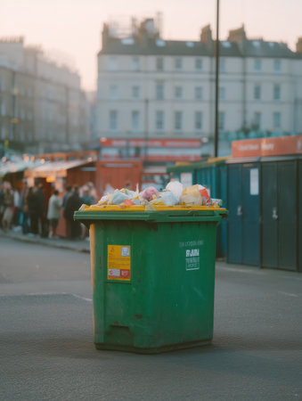 Green recycling bin overflowing with sorted and unsorted household waste on an urban market street, symbolizing overconsumption, city pollution, and the environmental challenge of waste disposalの素材