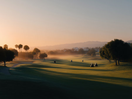 Golf course landscape at golden hour, early morning mist covering the lush green fairways, golfers enjoying peaceful play under a soft, warm light with palm trees and hills in backgroundの素材