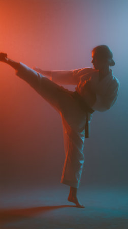 Woman practicing martial arts, demonstrating a powerful high kick with precision and focus, showcasing strength, discipline, and training in a studio with atmospheric neon lightingの素材